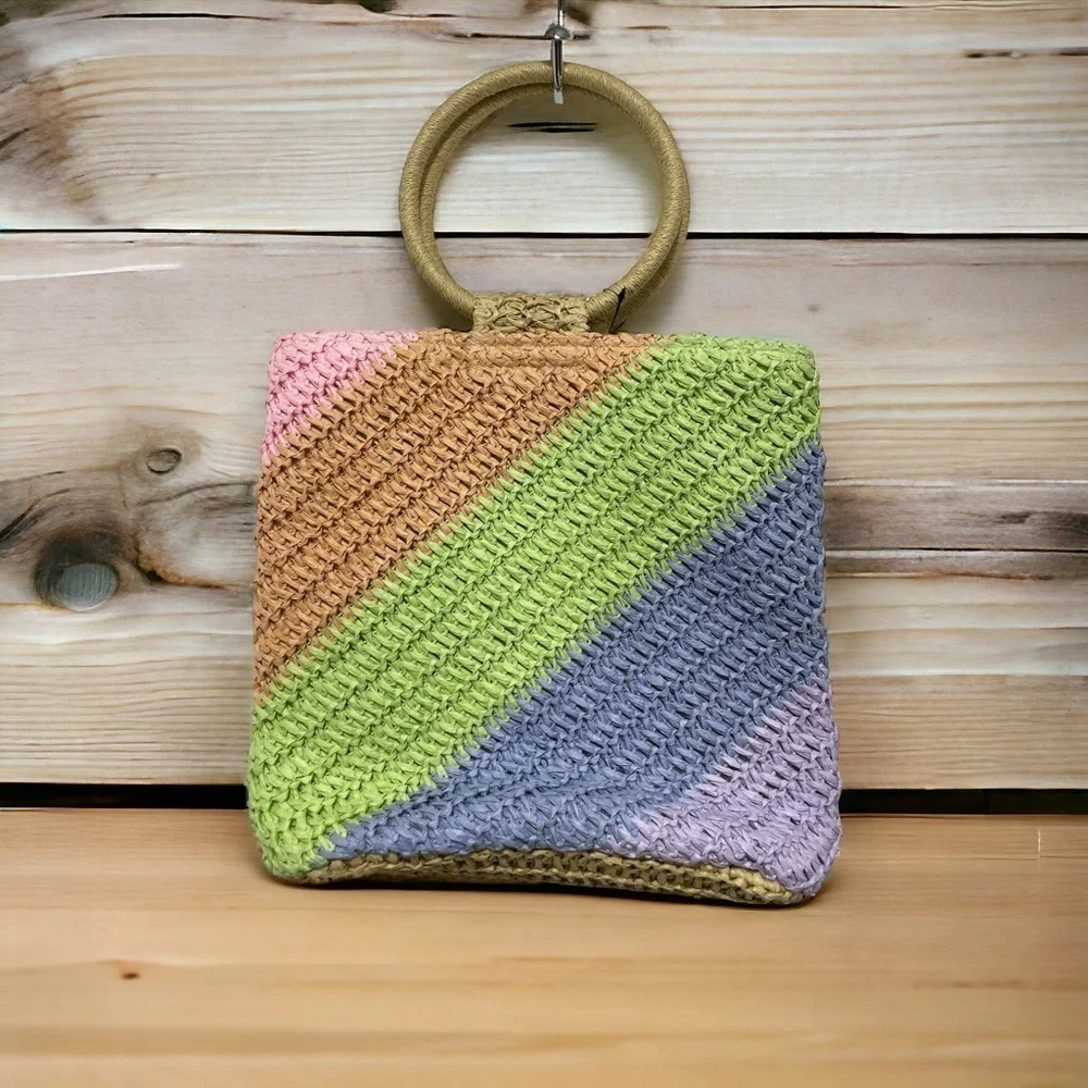 Art Class Weaved Paper Small Tote Circle Handles Handbag Multicolor Lined
